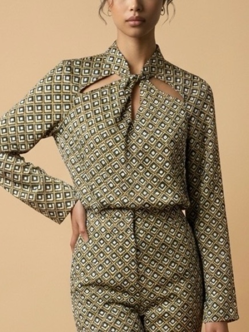 MOTF Geometric Bow-Tie Neck Blouse in White, Black & Gold